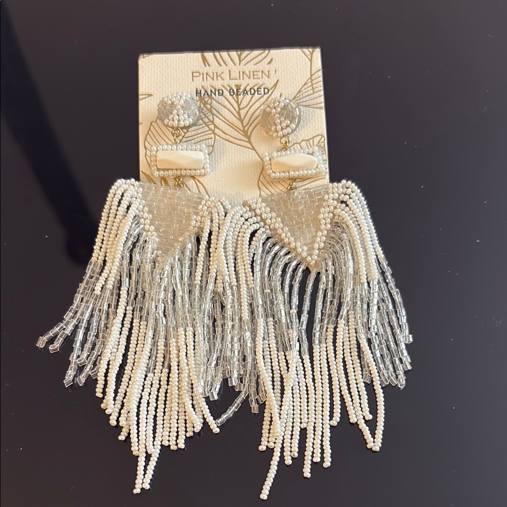 White And Silver Tassel Earrings With Cascading Fringe